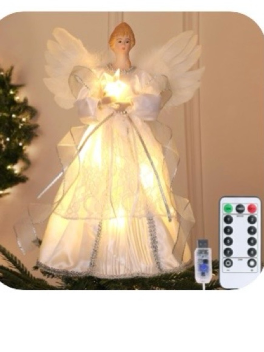 Lighted Angel Tree Topper / Tabletop  USB with Remote NIB
